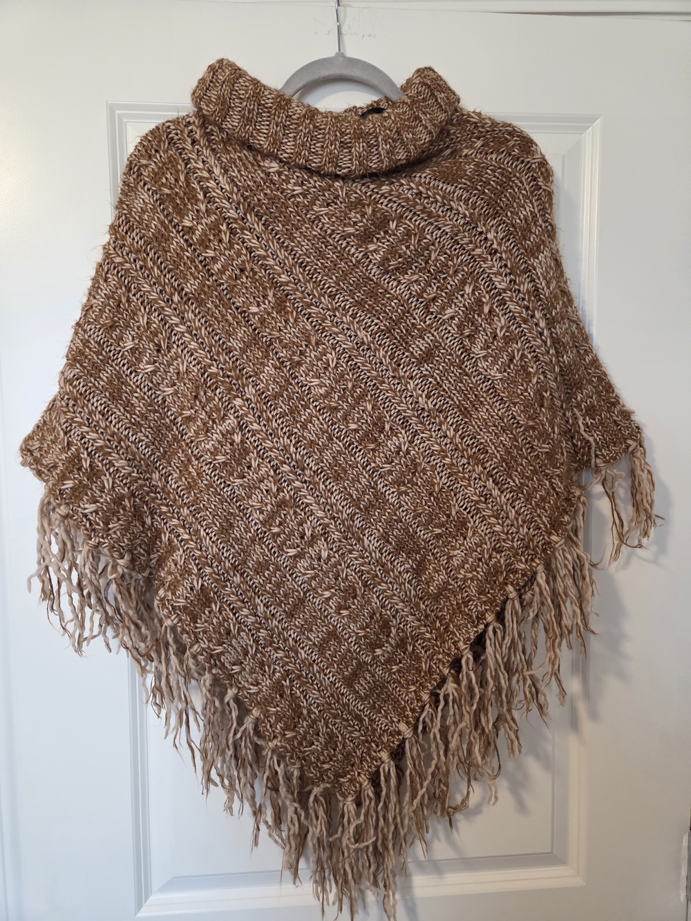 Fringed Turtleneck Knit Poncho in Brown
